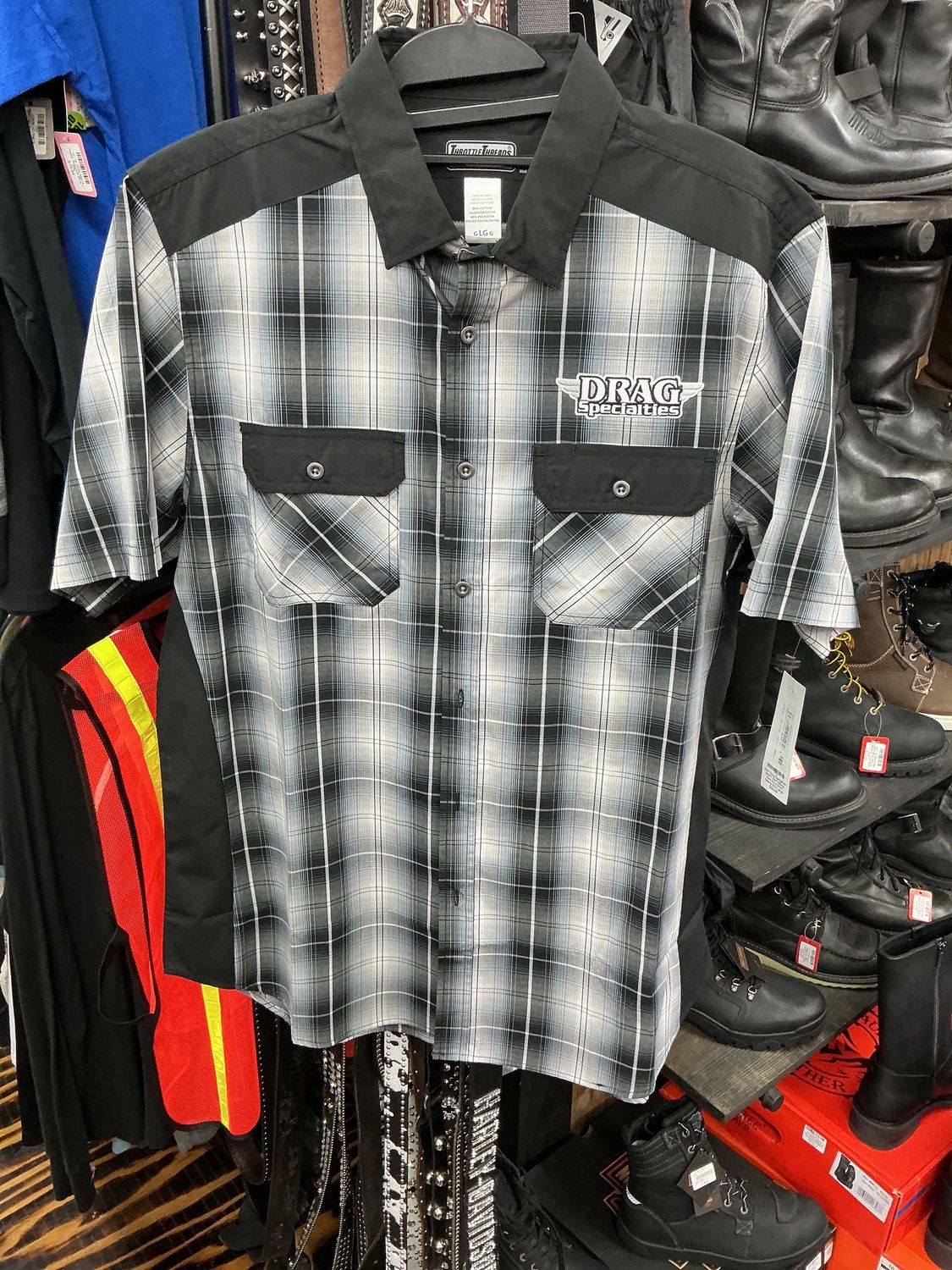 0007 Drag Specialties BNWT Men's Black Plaid Shop Short Sleeve Shirt Large