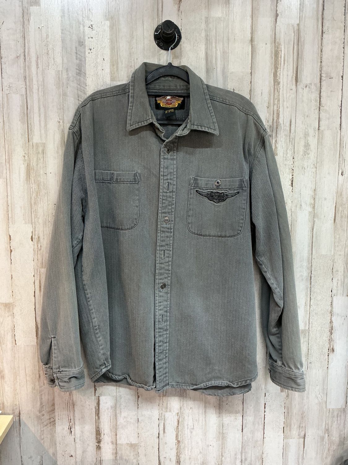 11114 HD Men's Grey Black B&amp;S Wings Long Sleeve Button Up XL