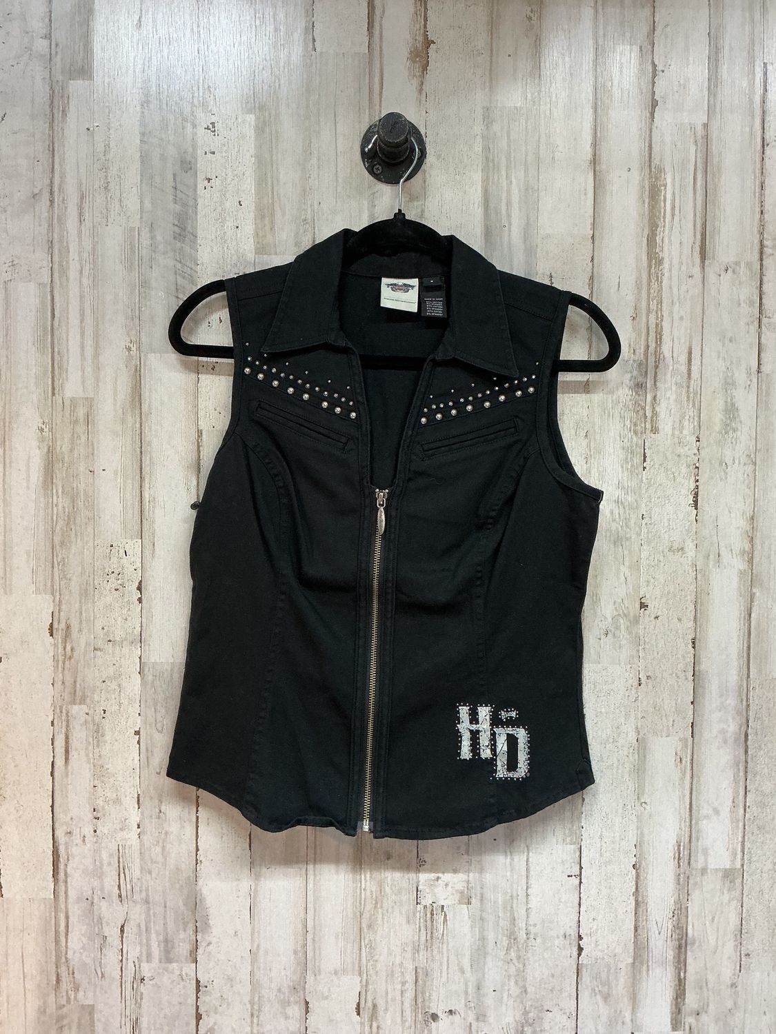 10152 HD Women's Black Zip Front Studded Eagle Back Design Black Medium