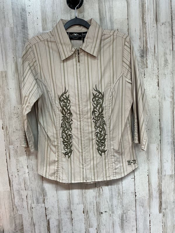 10177 HD Women's Tan W/ Olive Green Striped Embroidered Top Small