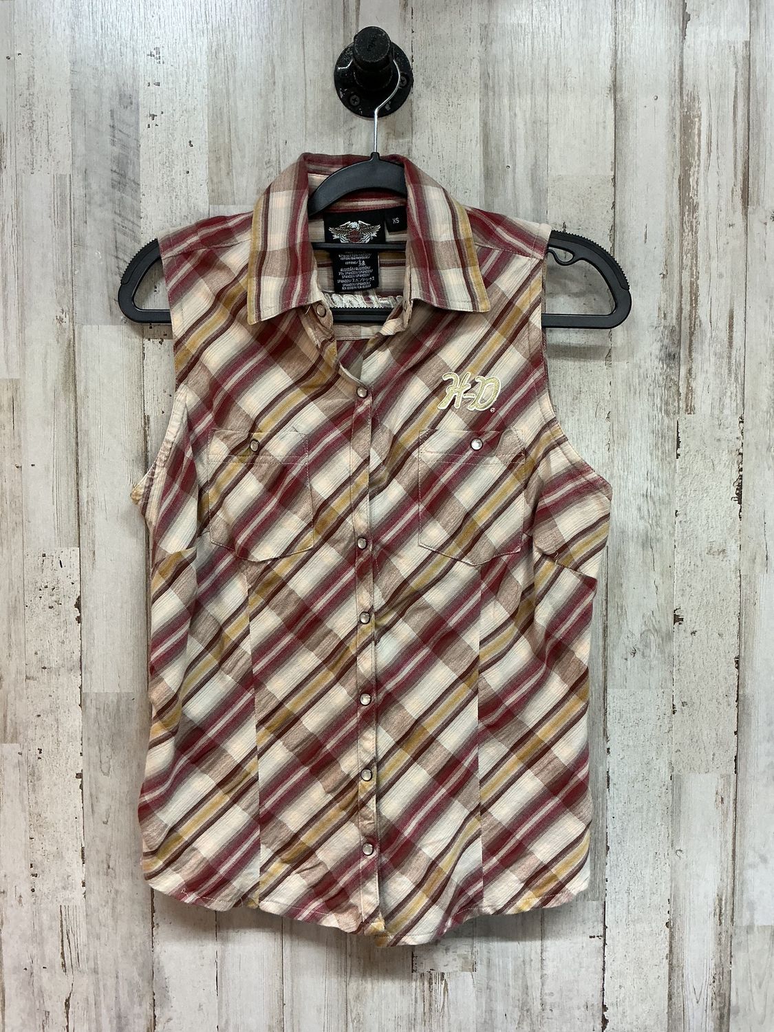 10177 HD Women's Brown/Gold/Burgundy Plaid Sleeveless Pearl Snap XS
