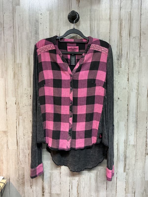 10180 HD Women's Pink &amp; Grey Plaid Long Sleeve  Medium