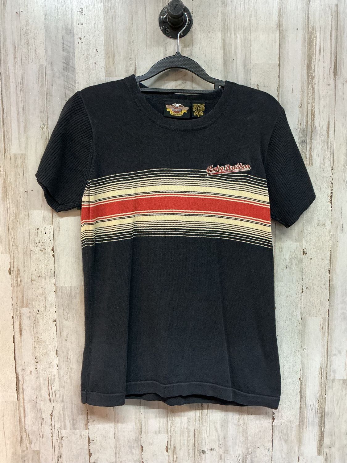 10184 HD Women's Black W/ Orange &amp; Cream Stripes Short Sleeve  Small