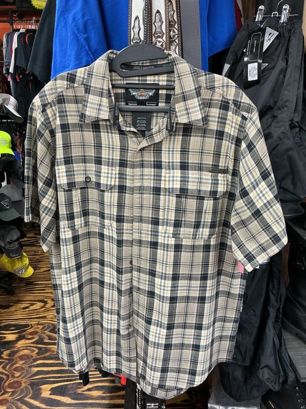 10184 HD Men's Tan &amp; BlacK short sleeve Flannel Large