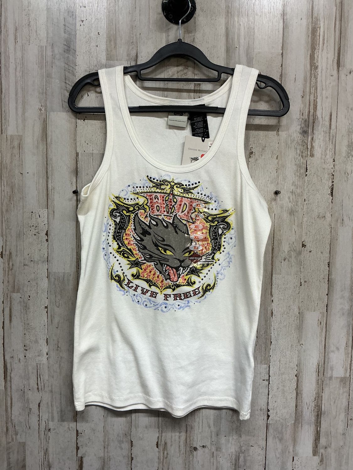 10167 HD Women's BNWT White W/ Grey Cat Live Free Tank Top Size XL