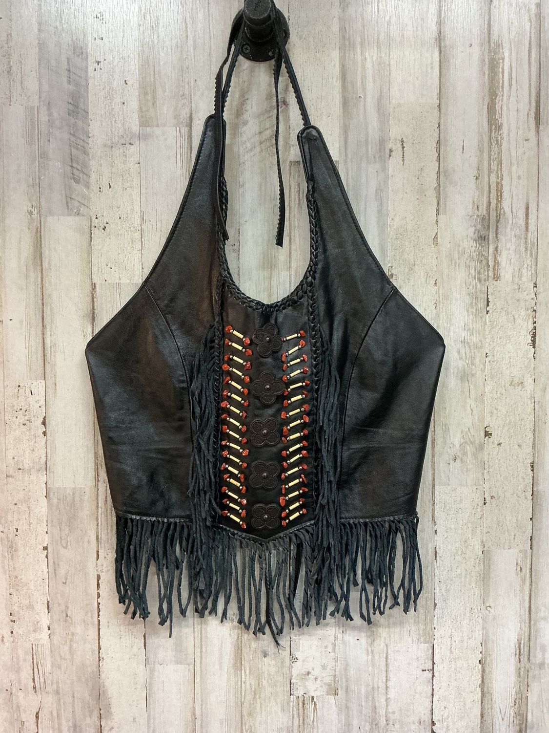 10200 Women's Black Leather Top With Flowers &amp; Bones Medium