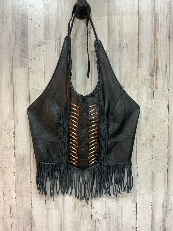 10200 Women's Black Leather Top With Flowers &amp; Bones Medium