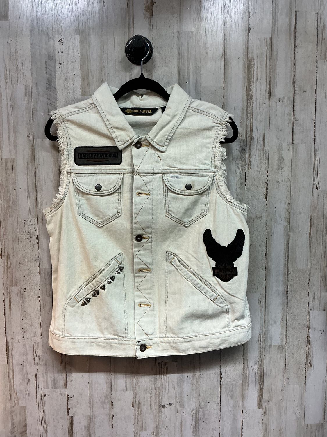 10203 HD Women's BN White W/ Black &amp; Brown Wings Denim Vest Size Large