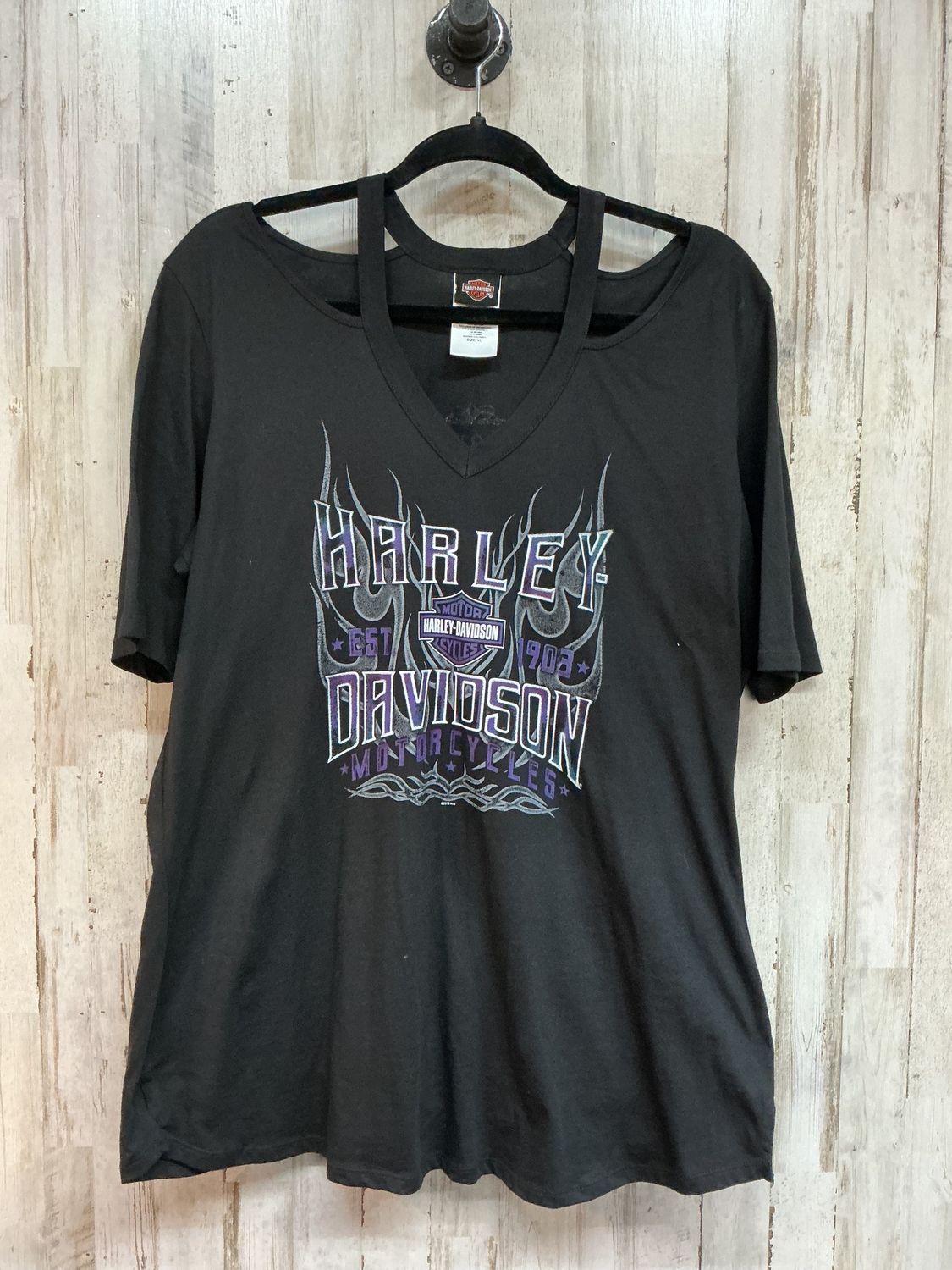 10203 HD Women's Black W/ Purple &amp; Grey B&amp;S Flames Cutout V Neck Shirt XL