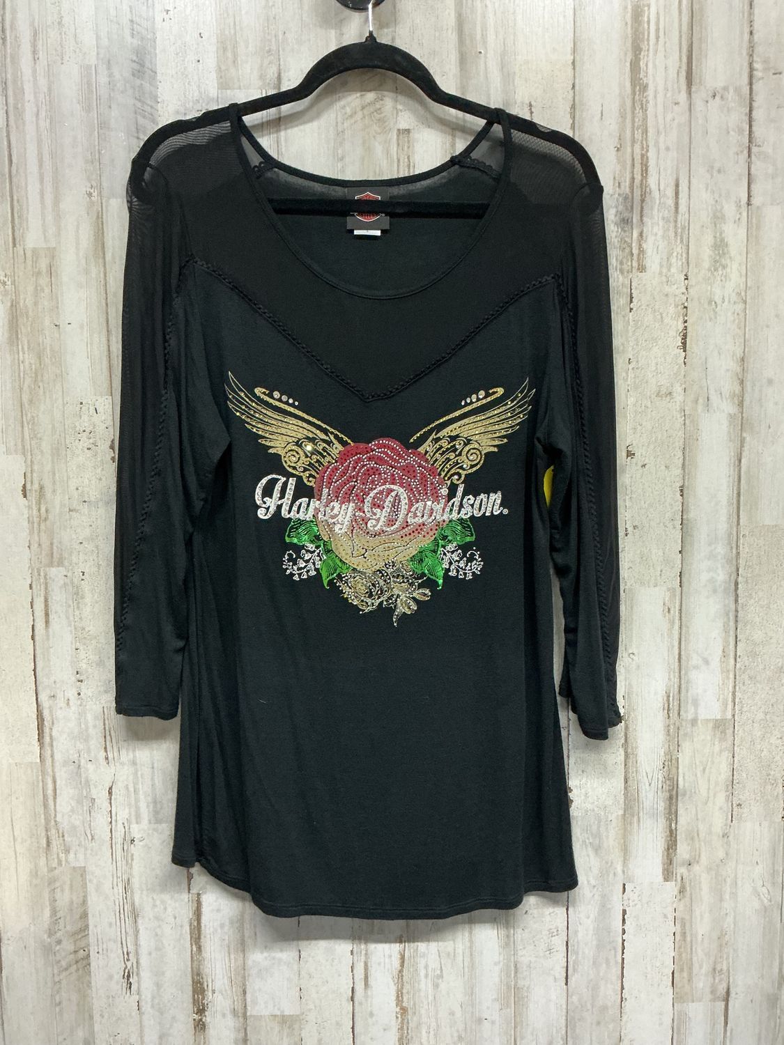 10203 HD Women's  Black W/ Bling Rose &amp; Wings Sheer 3/4 Sleeve Large