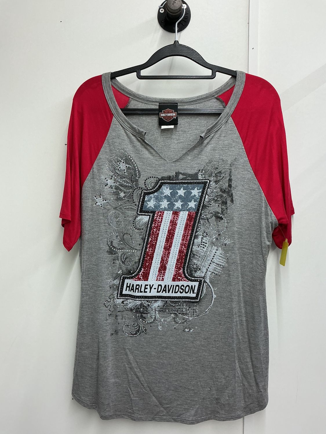 10203 HD Women's Grey &amp; Red Bling #1 Short Sleeve Large
