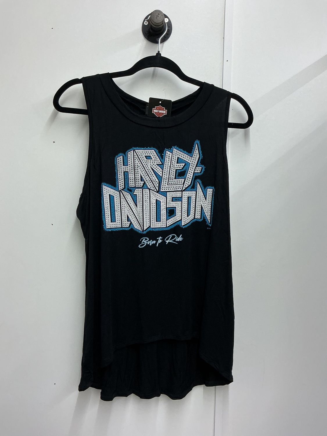 0001 HD Women's BNWT Black W/ Blue &amp; White Bling Hi-Lo Tank Top 1XL