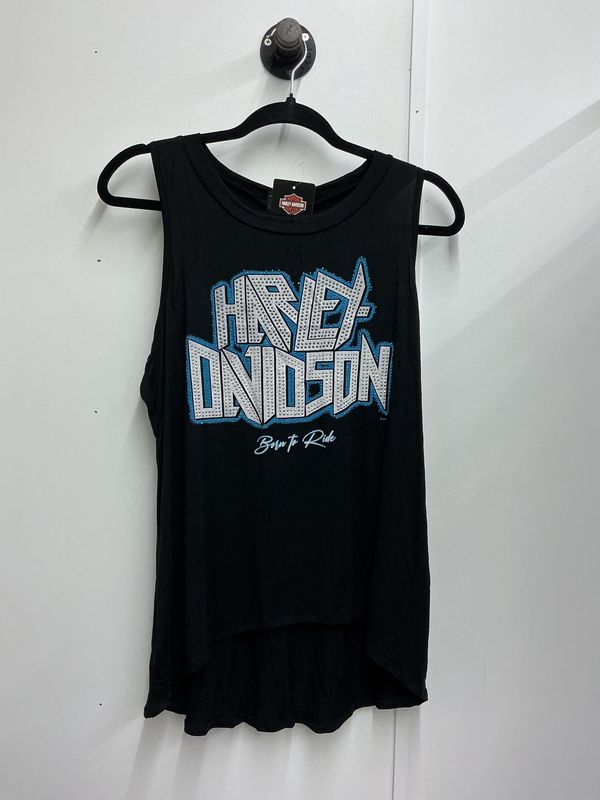 0001 HD Women's BNWT Black W/ Blue &amp; White Bling Hi-Lo Tank Top 1XL