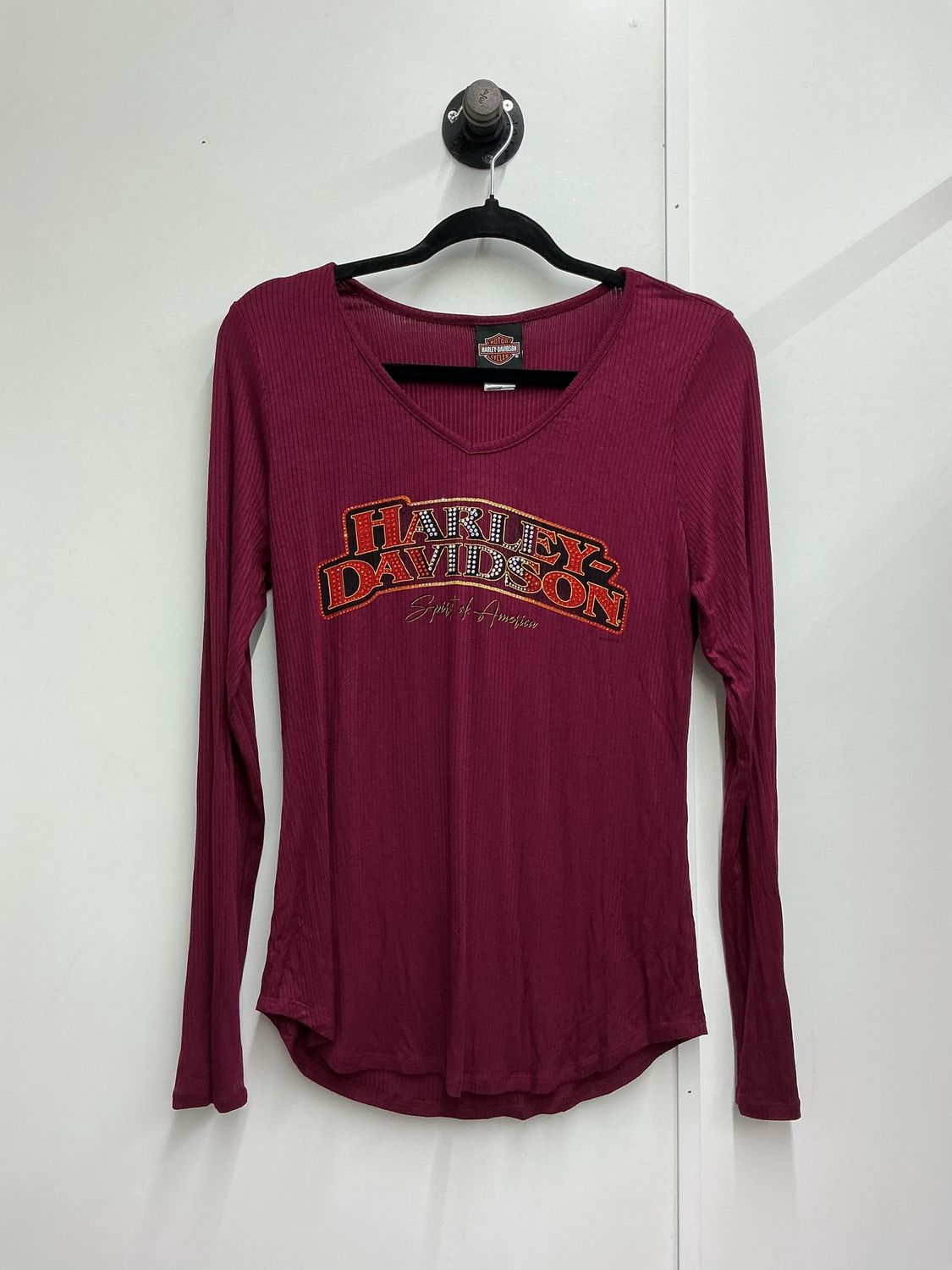0001 HD Women's Burgundy W/ Orange&amp; White Rhinestone HD V-Neck Long Sleeve XL