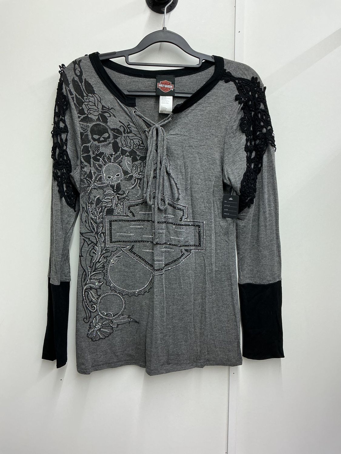 0001 HD Women's Dark Grey W/ Black Rhinestone B&amp;S Willie G Long Sleeve Small