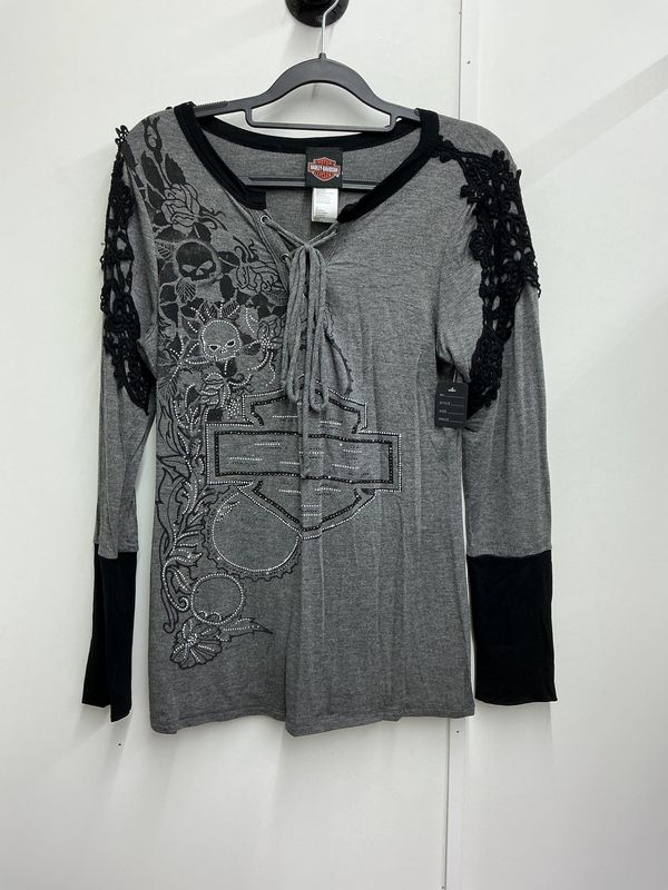 0001 HD Women's Dark Grey W/ Black Rhinestone B&amp;S Willie G Long Sleeve Small