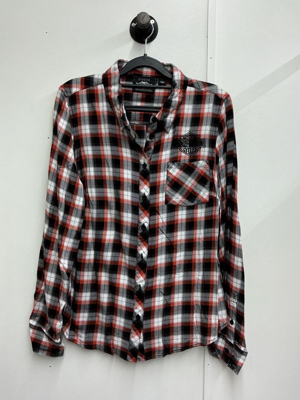 0001 HD Women's Orange/Black/White Plaid W/Black B&amp;S Button Long Sleeve LG