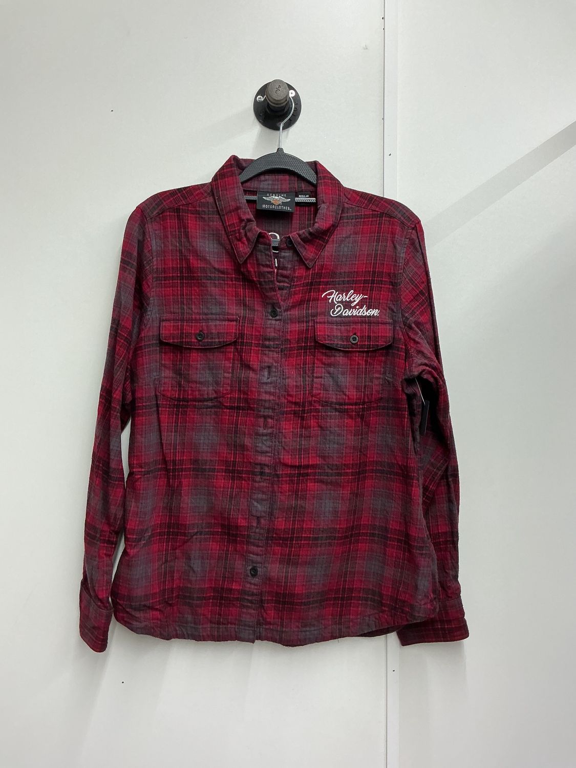 0001 HD Women's Red/Black/Grey Plaid W/White B&amp;S Wings Button Long Sleeve LG