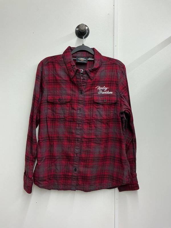 0001 HD Women's Red/Black/Grey Plaid W/White B&amp;S Wings Button Long Sleeve LG