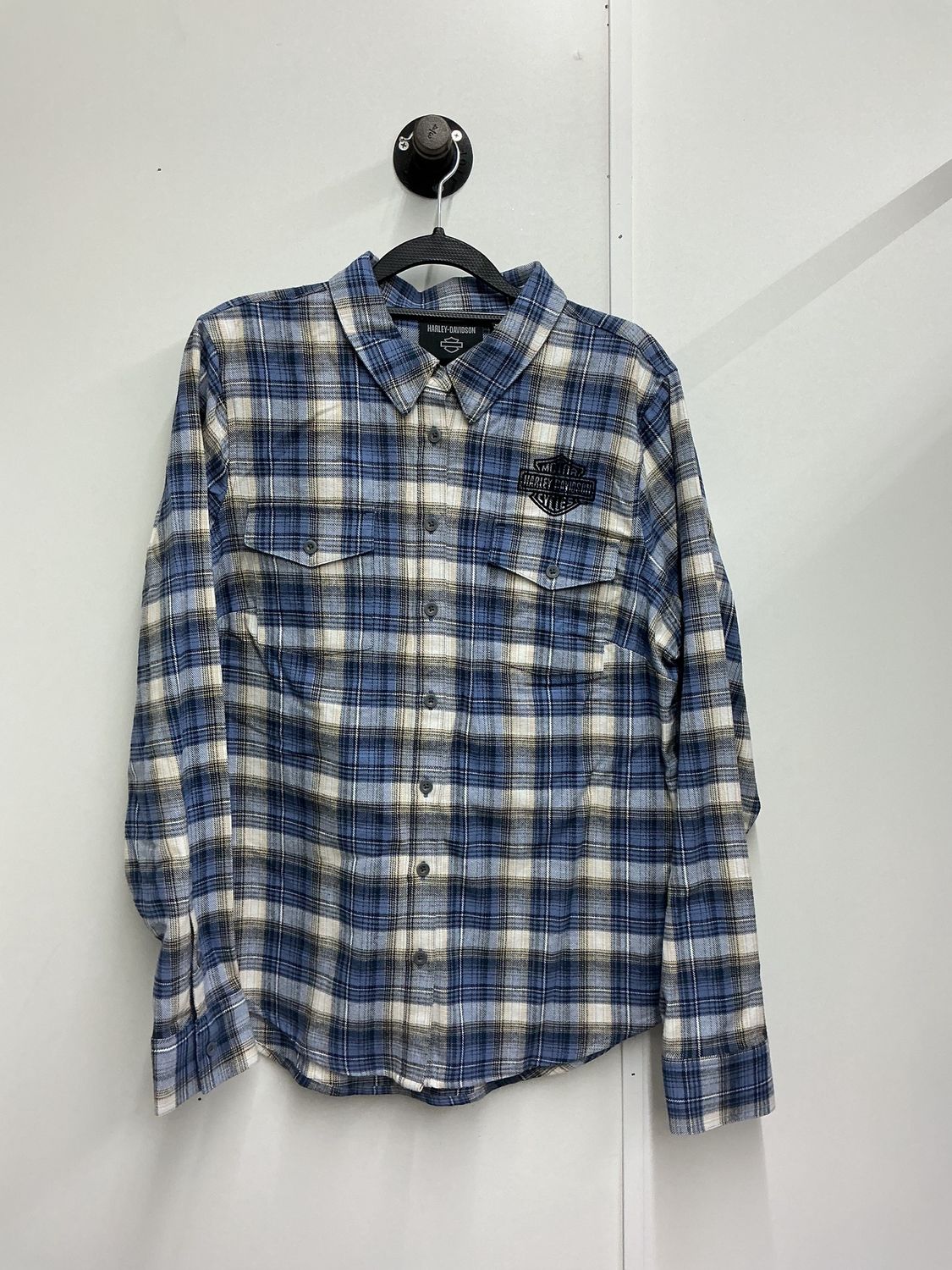 0001 HD Women's BNWT Blue/Tan/Black W/Blk B&amp;S MC Club Button Long Sleeve LG