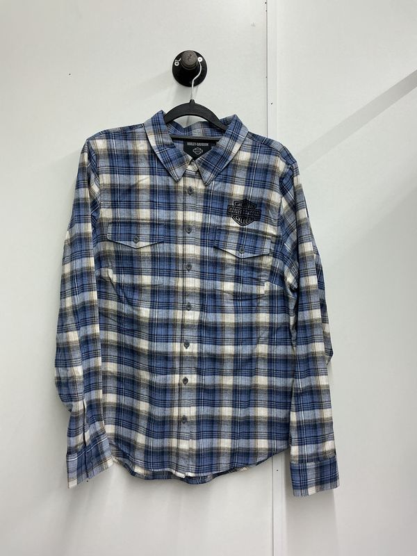 0001 HD Women's BNWT Blue/Tan/Black W/Blk B&amp;S MC Club Button Long Sleeve LG