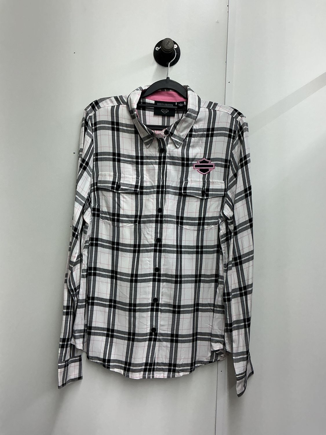0001 HD Women's BNWT White/Pink/Black Plaid W/B&amp;S Button Long Sleeve LG