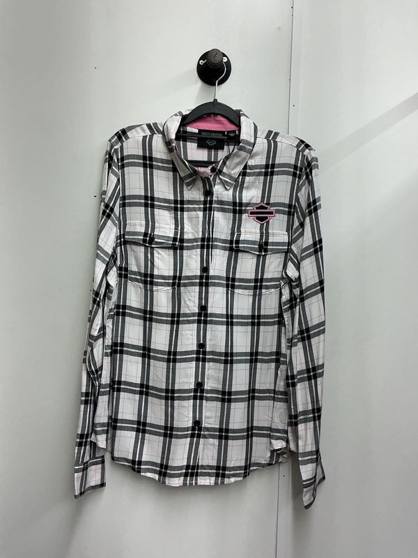 0001 HD Women's BNWT White/Pink/Black Plaid W/B&amp;S Button Long Sleeve LG