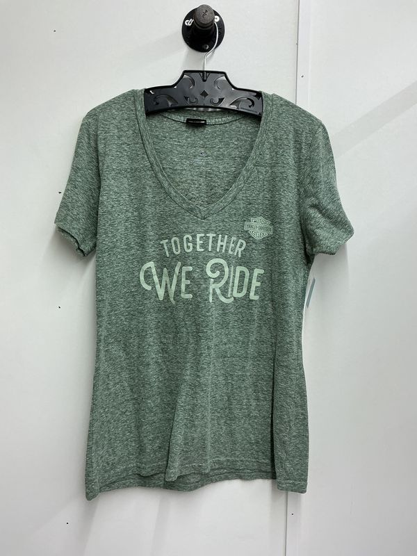 10001 HD Women's Heather Green Together We Ride Woodstock V-Neck T-Shirt Large