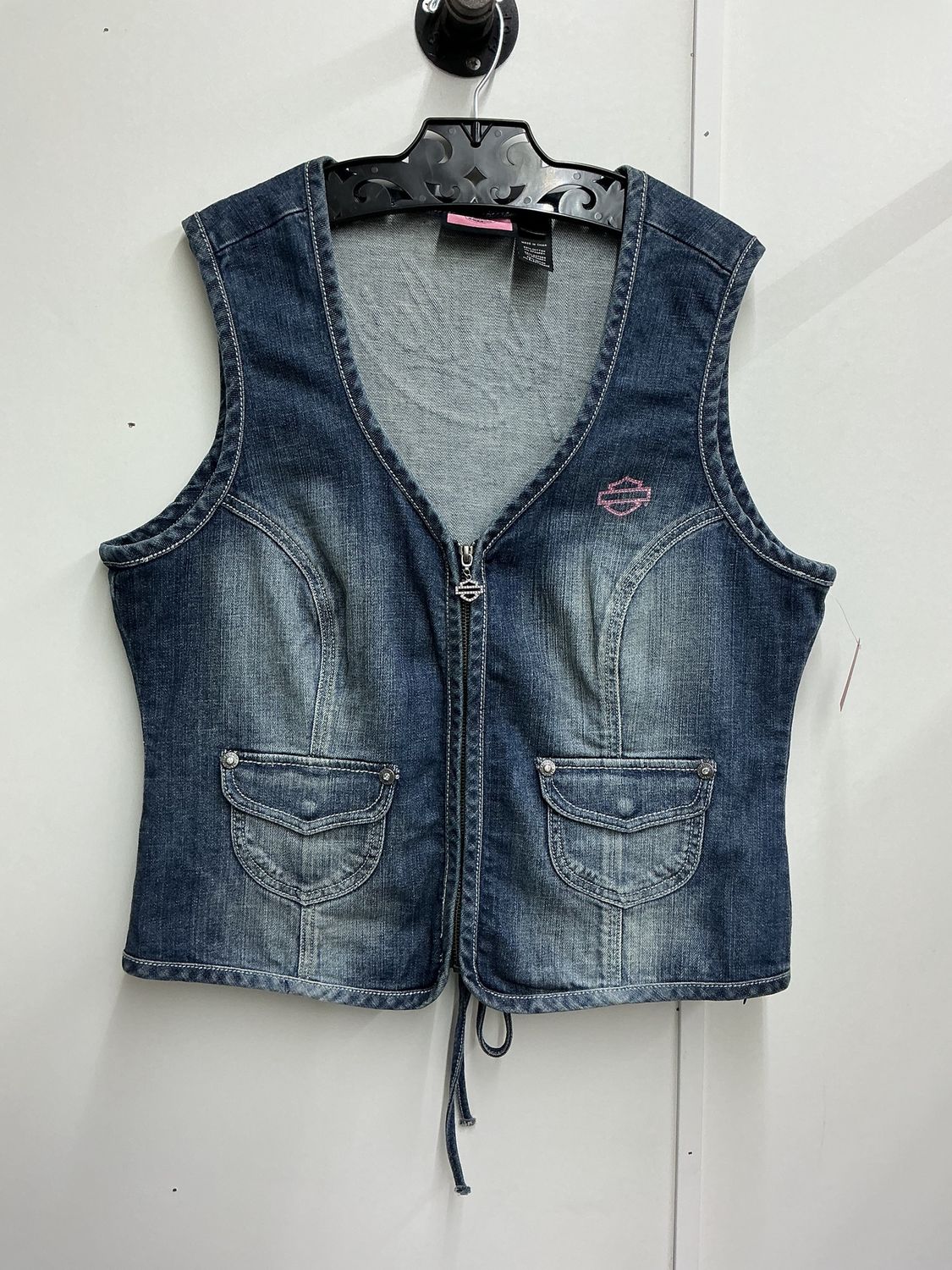 10224 HD Women's Medium Wash Zip W/ Pink Bling B&amp;S Jean Vest  XL
