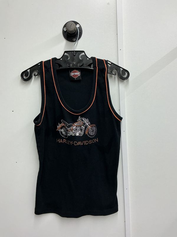 10001 HD Women's Black W/ Orange Trim Blingy Motorcycle Tank Top Large