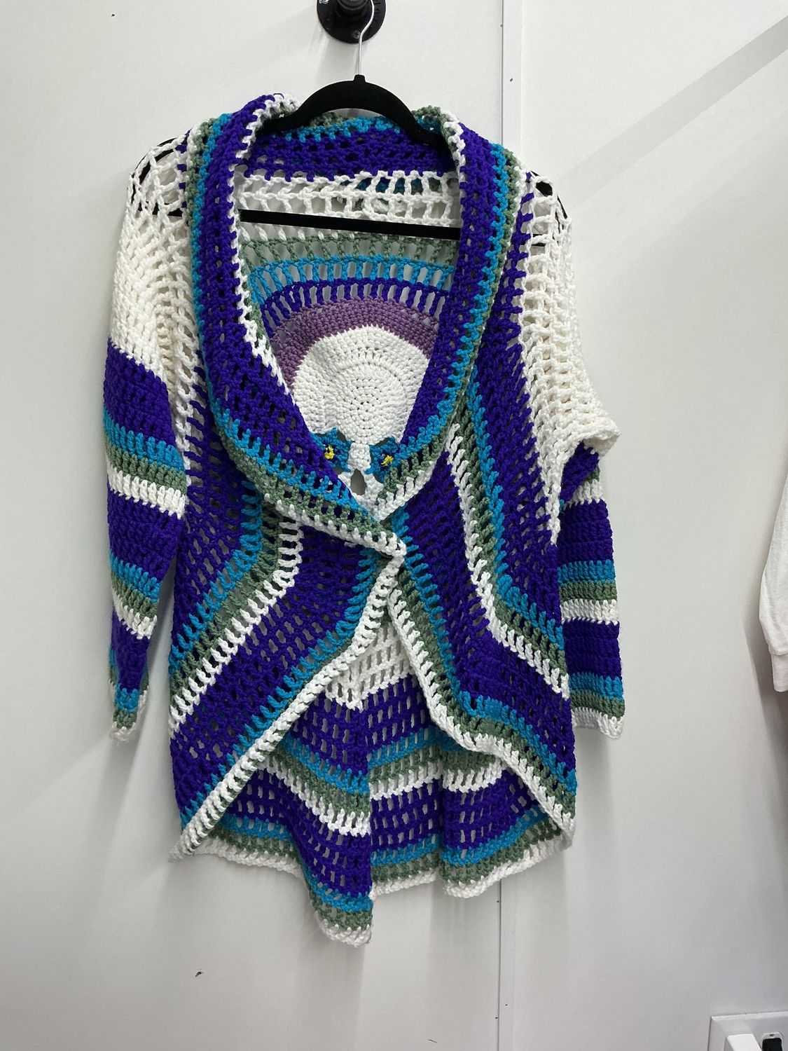 10001 Hand Crocheted Purple/Blue/White/Green Skull Sweater