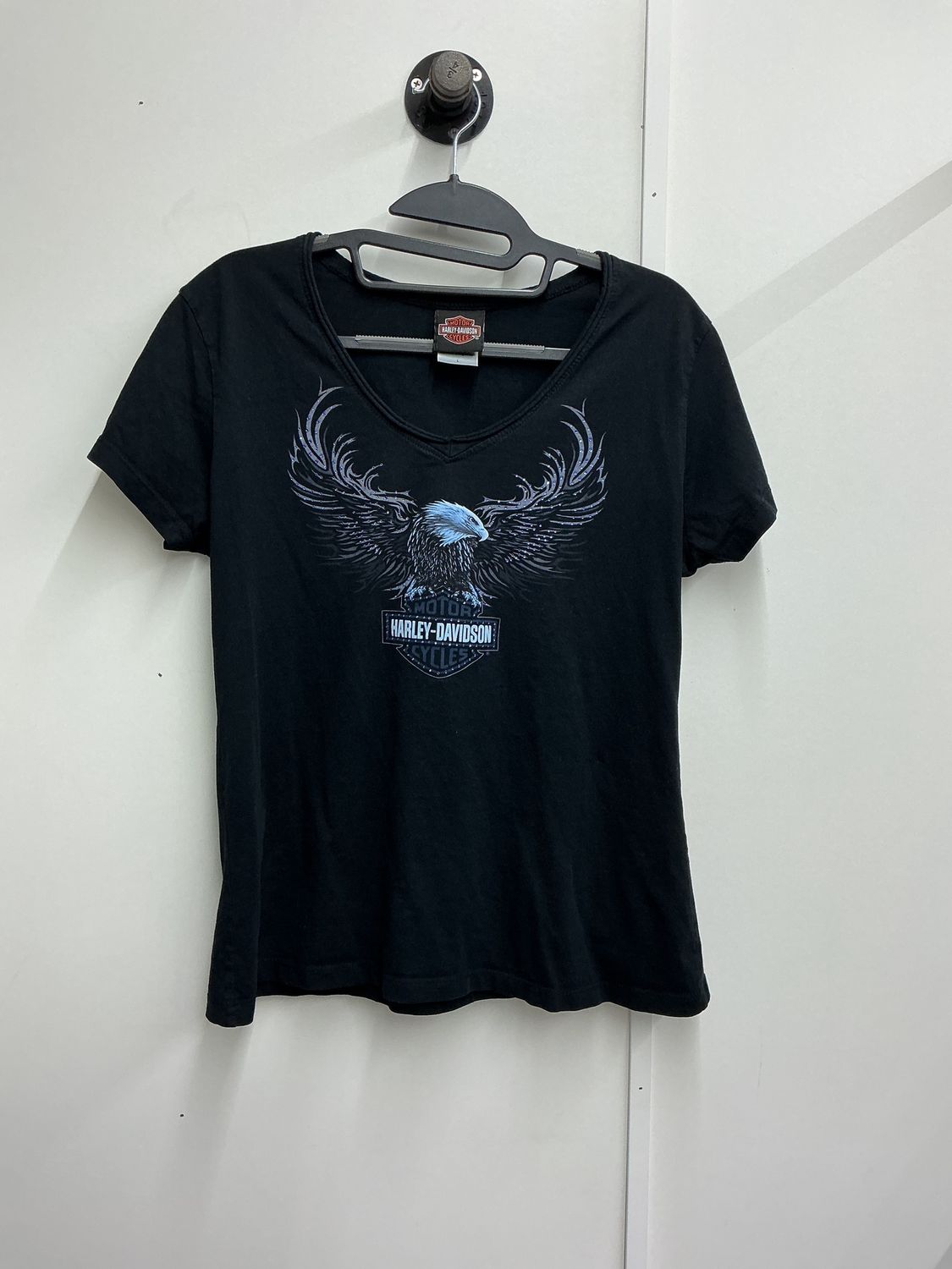 10001 HD Women's Black W/ Blue Bling Eagle Okinawa V-Neck Short Sleeve Large