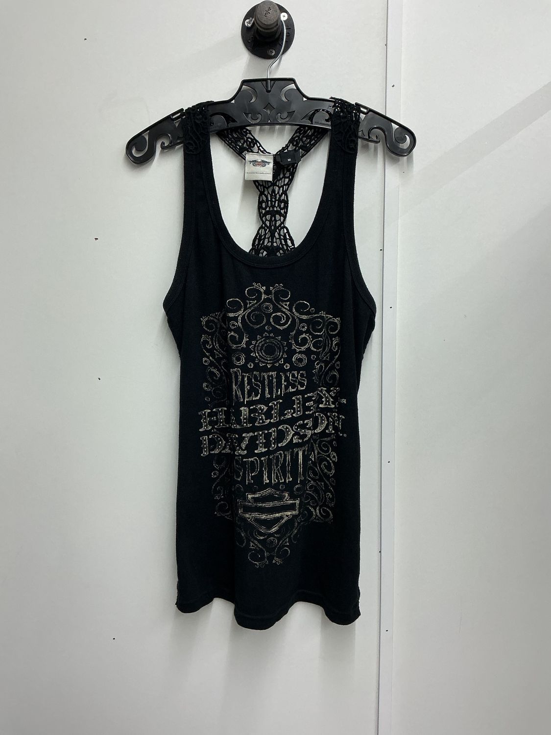 10225 HD Women's Black W/ Tan Beaded B&amp;S Crocheted Back Tank Top Medium