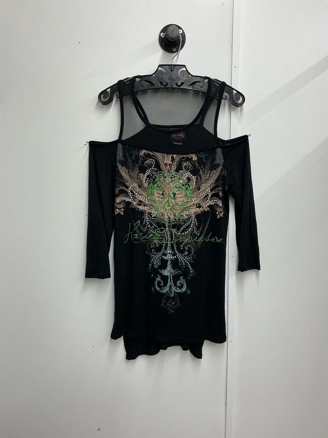 10225 HD Women's Blingy Black &amp; Tan W/ Green Skull Off Shoulder Small