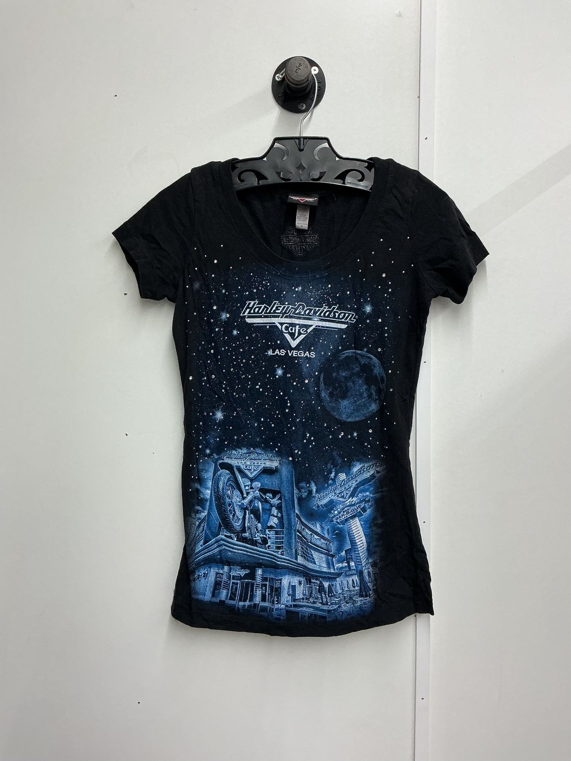 10225 HD Women's Black W/ Blue HD Cafe Las Vegas Bling Stars SS Small