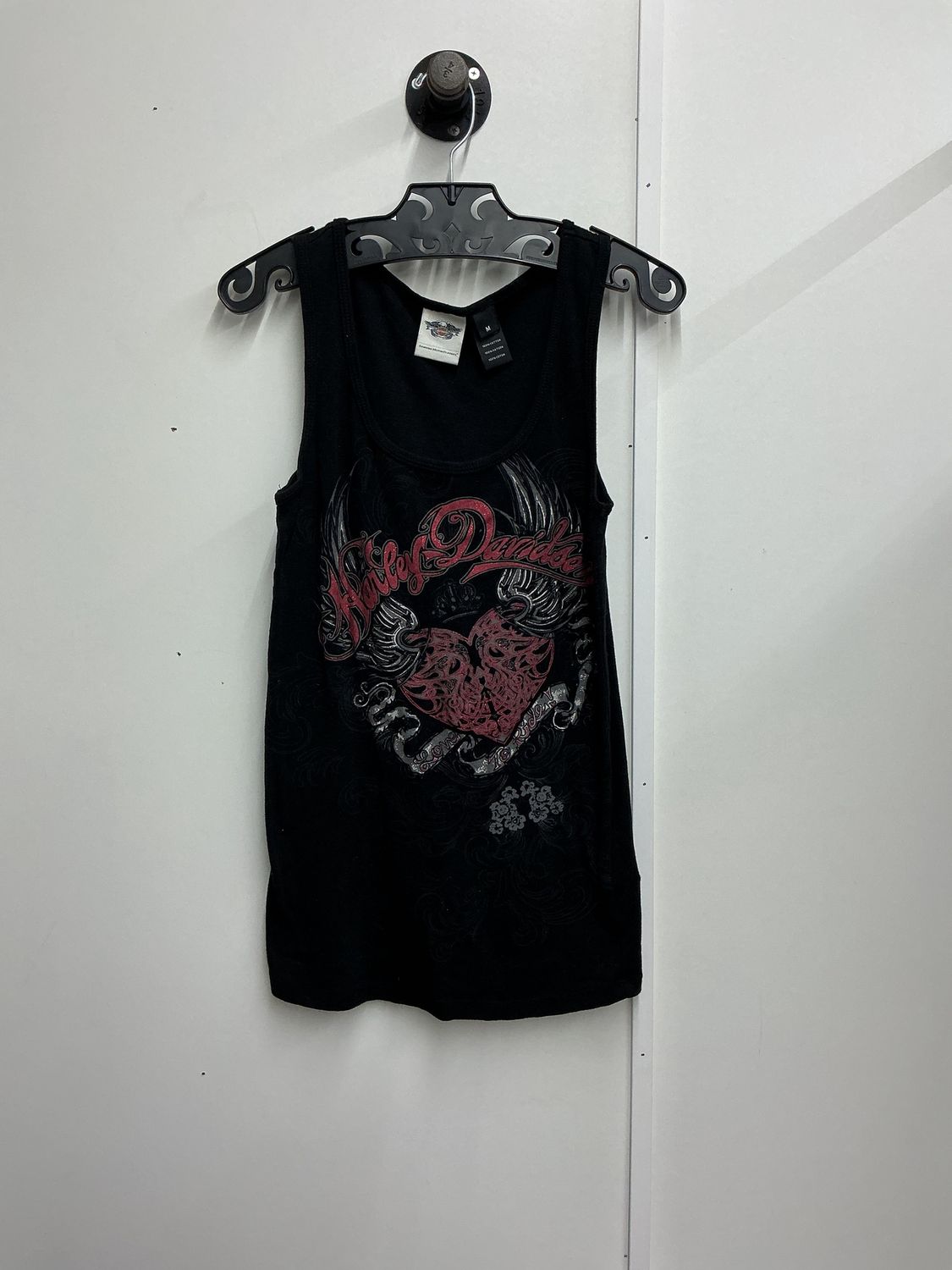 10225 HD Women's Black W/ Red Heart Silver Wings Tank Top Medium