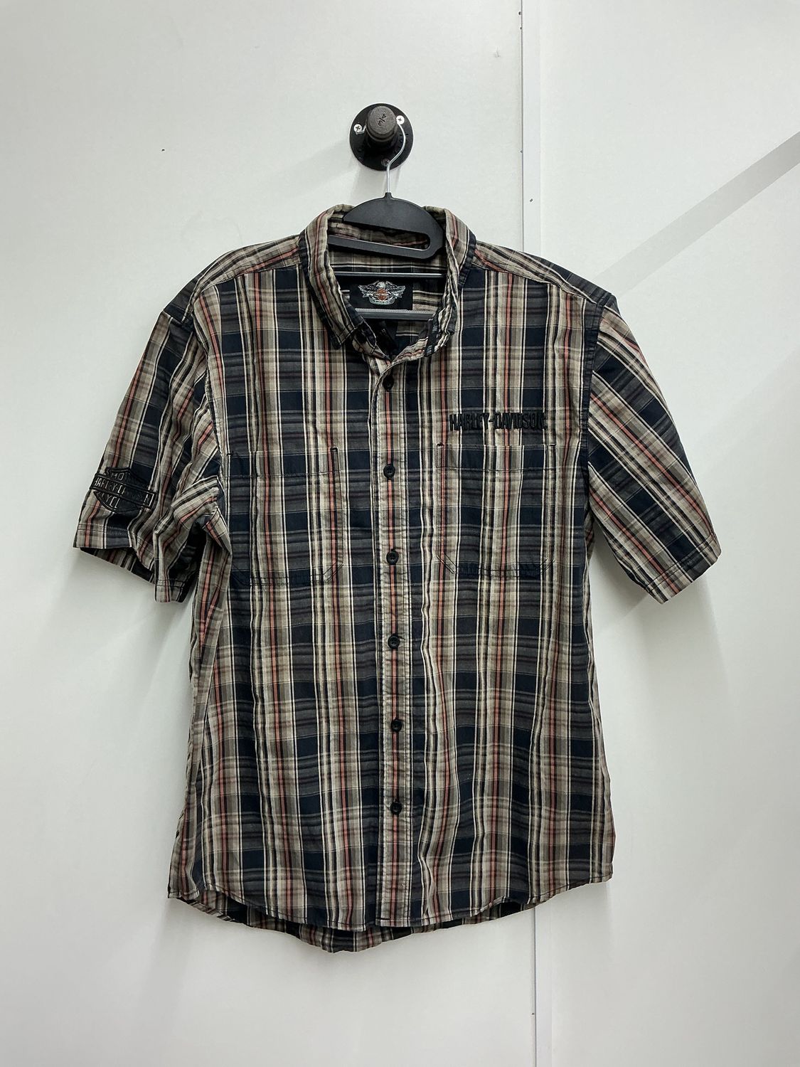 10225 HD Men's Tan/Black/Orange Plaid EMB B&amp;S Button Up Short Sleeve Large