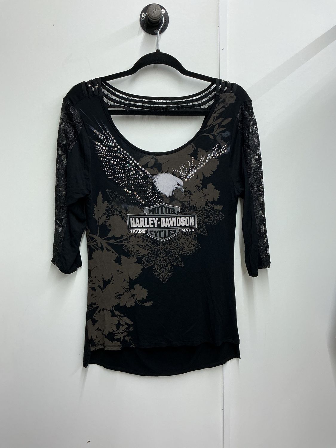 10226 HD Women's Black W/ Rhinestone Eagle Lace Sleeves Large