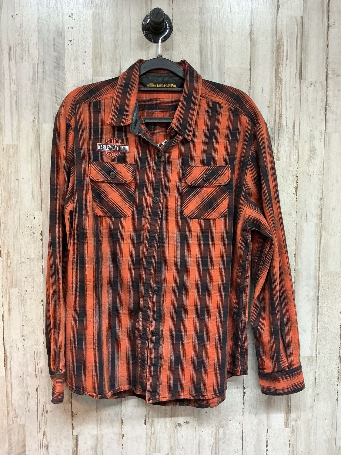 10001 HD Women's Orange/Black Plaid B&amp;S Button Up Long Sleeve Large
