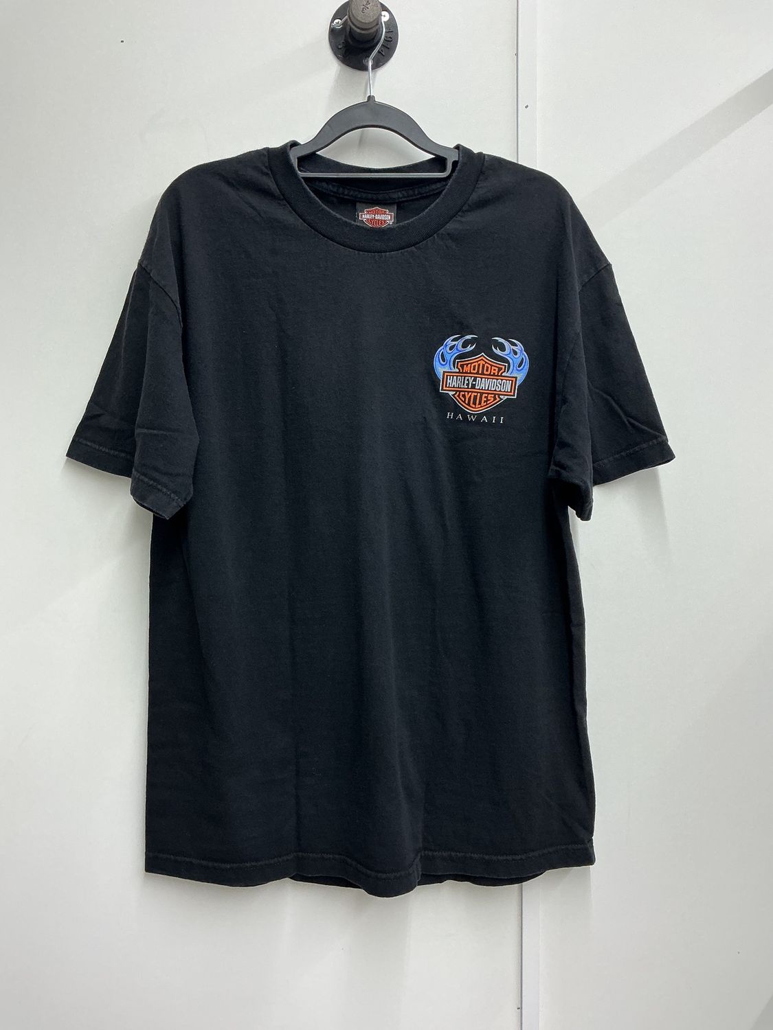0001 HD Men's Black W/ Blue Flames Orange B&amp;S Hawaii T-Shirt Large