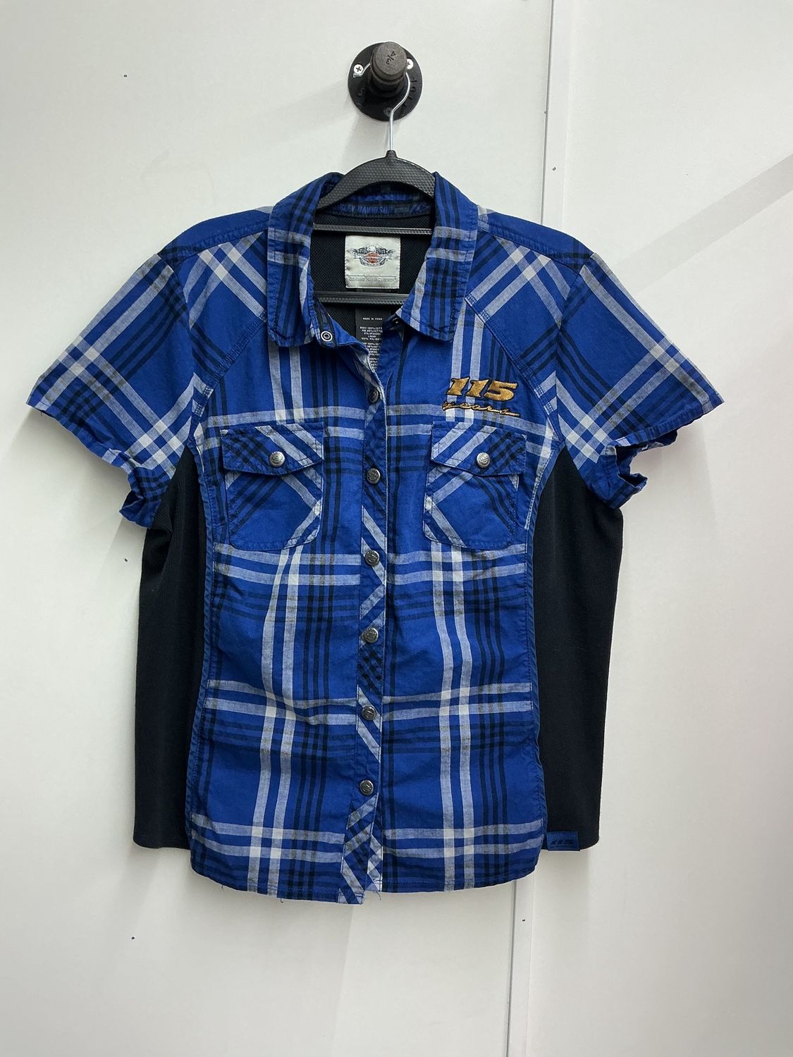 10224 HD Women's Blue Plaid Button Up Mechanic W/ Silver Eagle Gold 115 yrs. XL