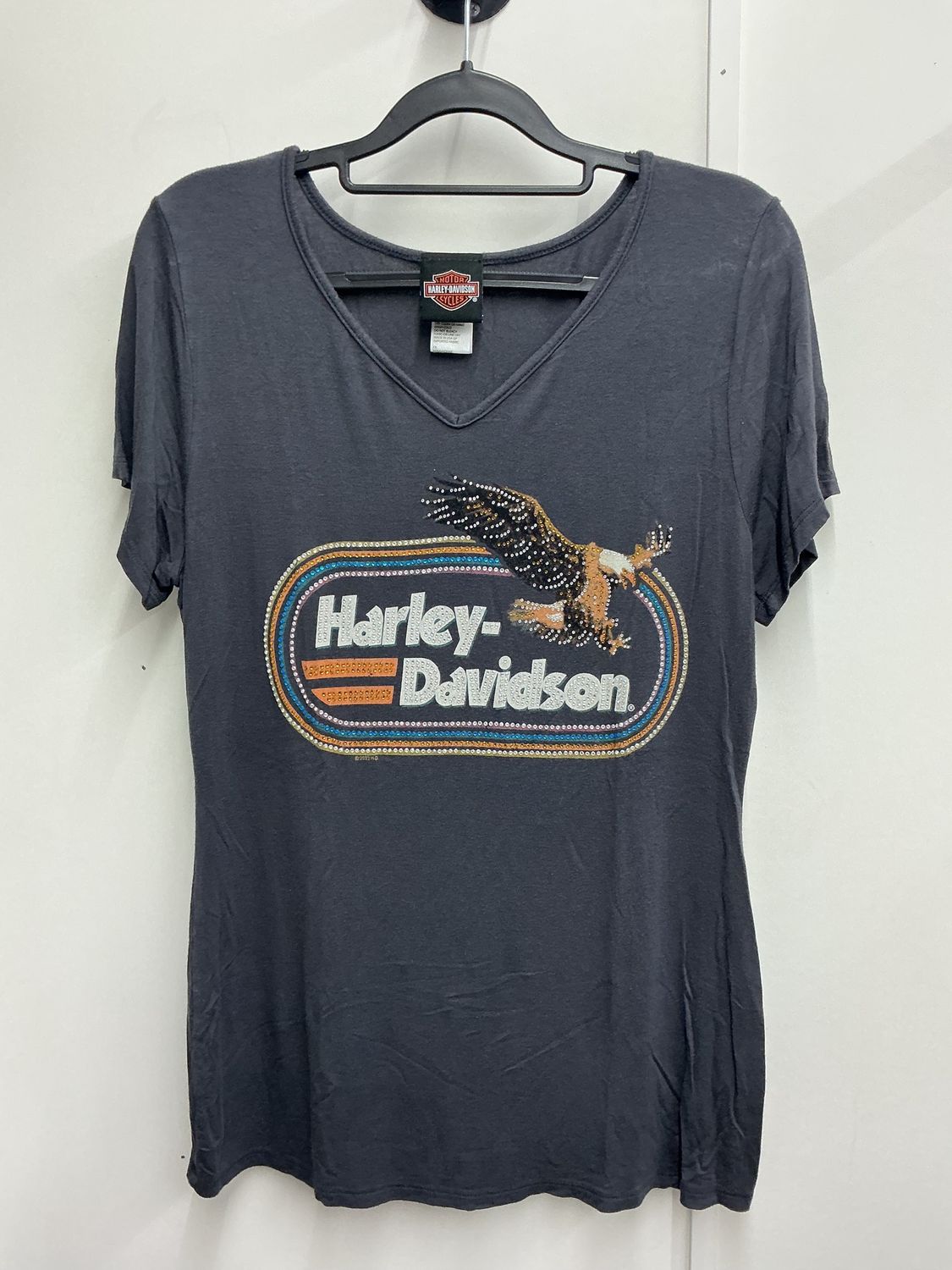 10001 HD Women's Grey W/ Brown Bling Eagle V-Neck SS Large