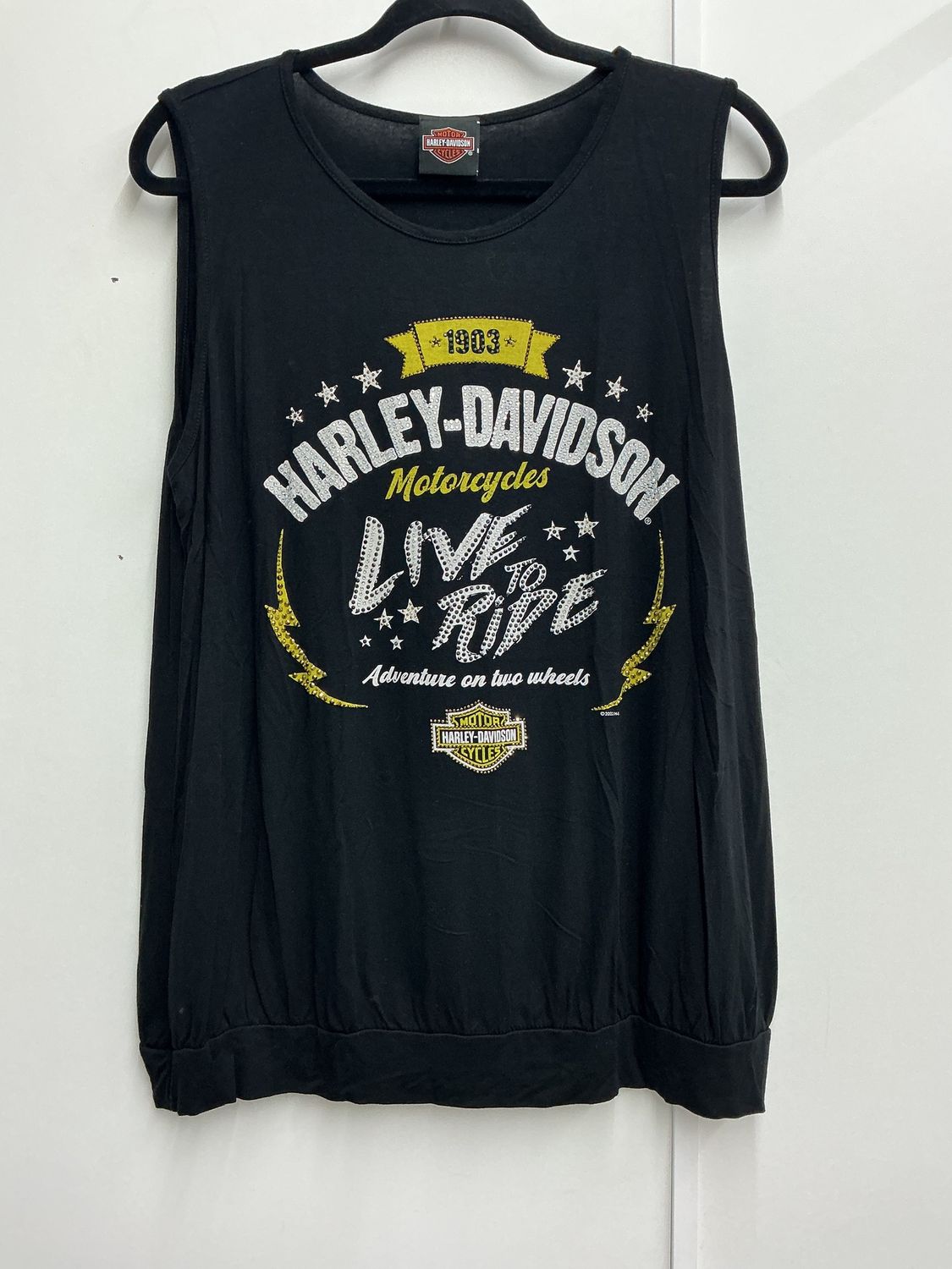 10001 HD Women's Black W/ Yellow &amp; White Bling Live To Ride B&amp;S Tank Top 1XL