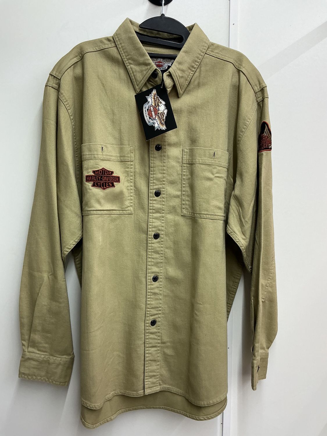 10223 HD Men's BNWT Tan W/ Orange &amp; Black B&amp;S Motorcycle LS Button Up Large