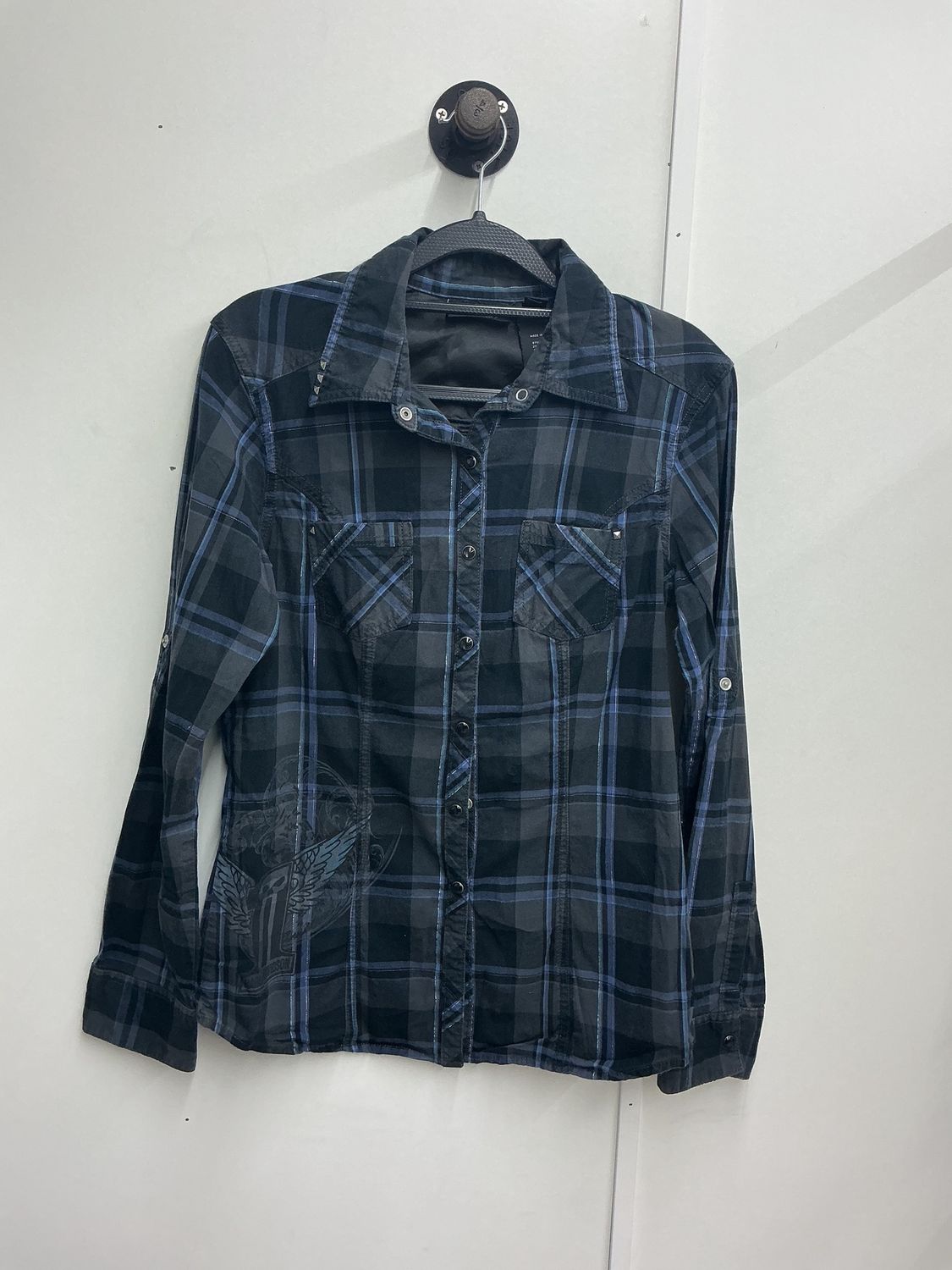 10242 HD Women's Dark/Light Blue Plaid HDMC #1 Button Up LS Small