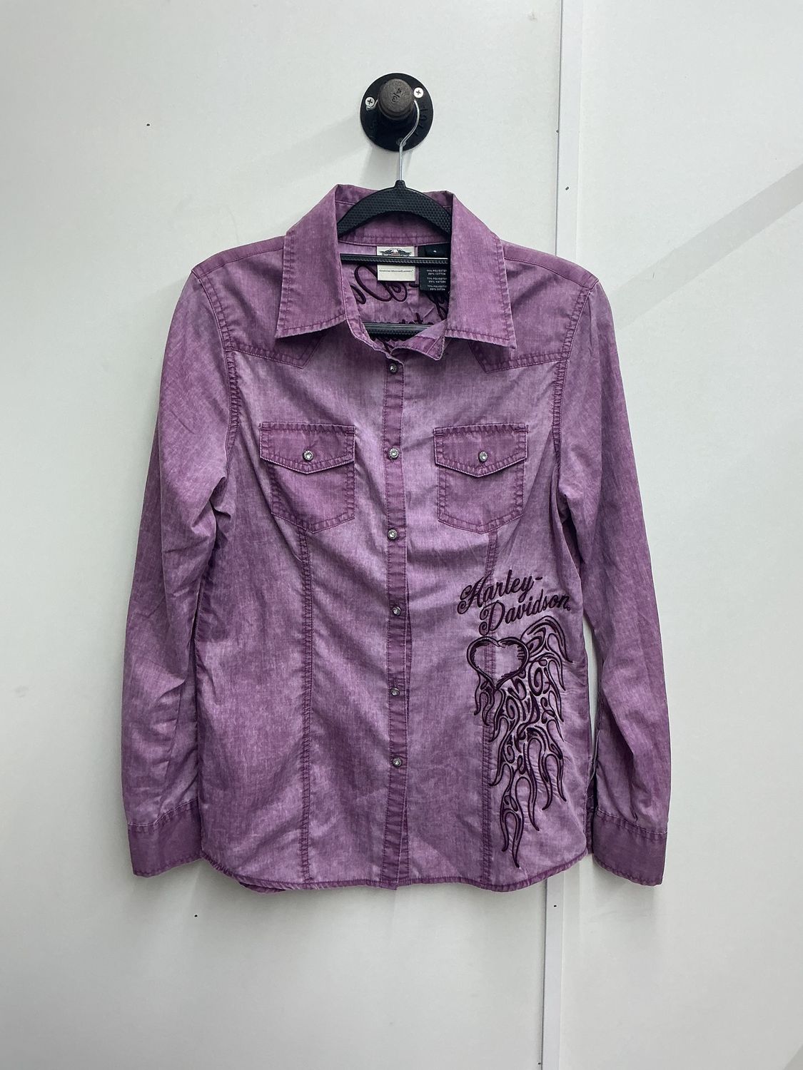 10242 HD Women's Purple Button Up W/ HD Heart &amp; Flames LS Small