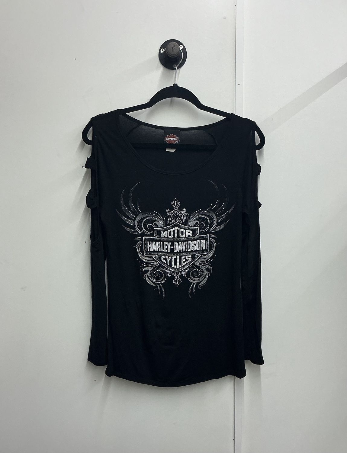 10242 HD Women's Black W/ White Blingy B&amp;S Crown Cold Shoulder LS Medium