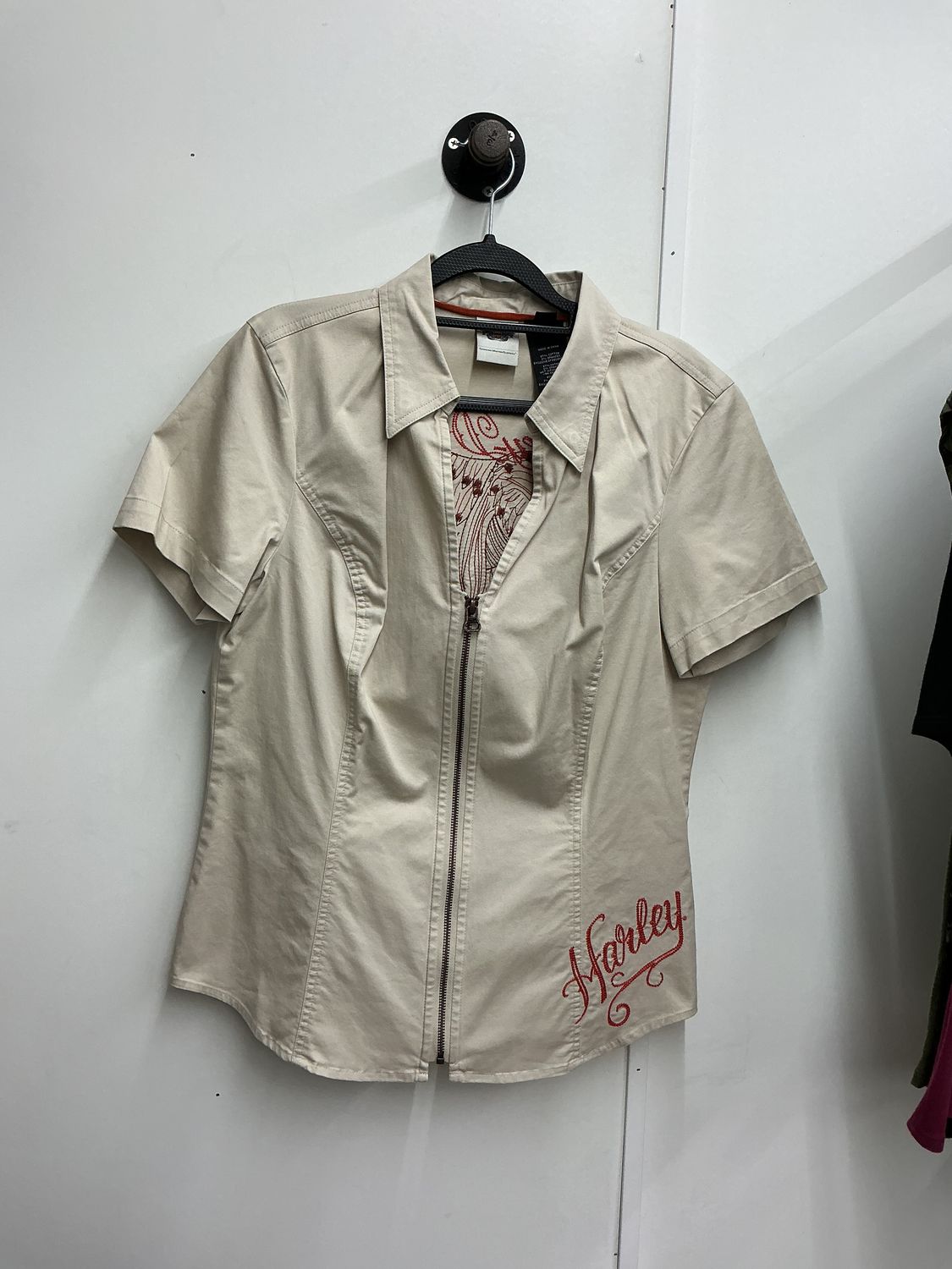10250 HD Women's Beige Zip-Up Mechanic Shirt W/ Brown &amp; Orange Eagle SS Large