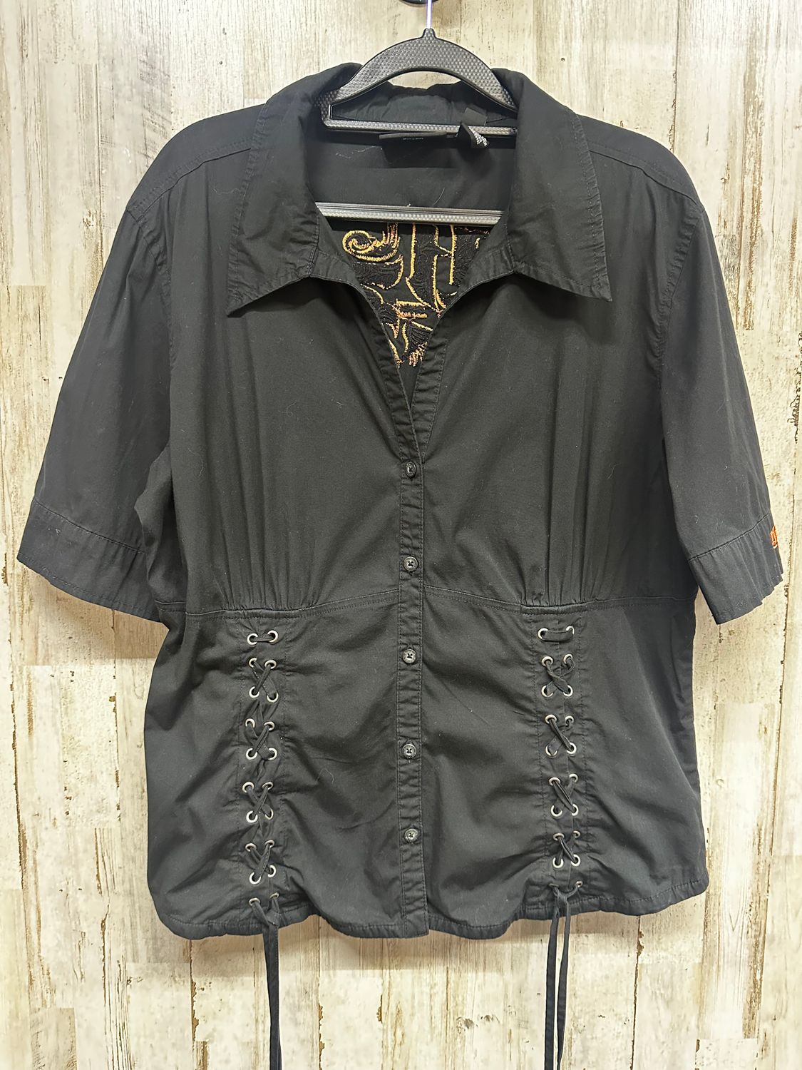 10251 HD Women's Black W/ Orange Tribal HD Corset Sides 3/4 Sleeve Button Top XL