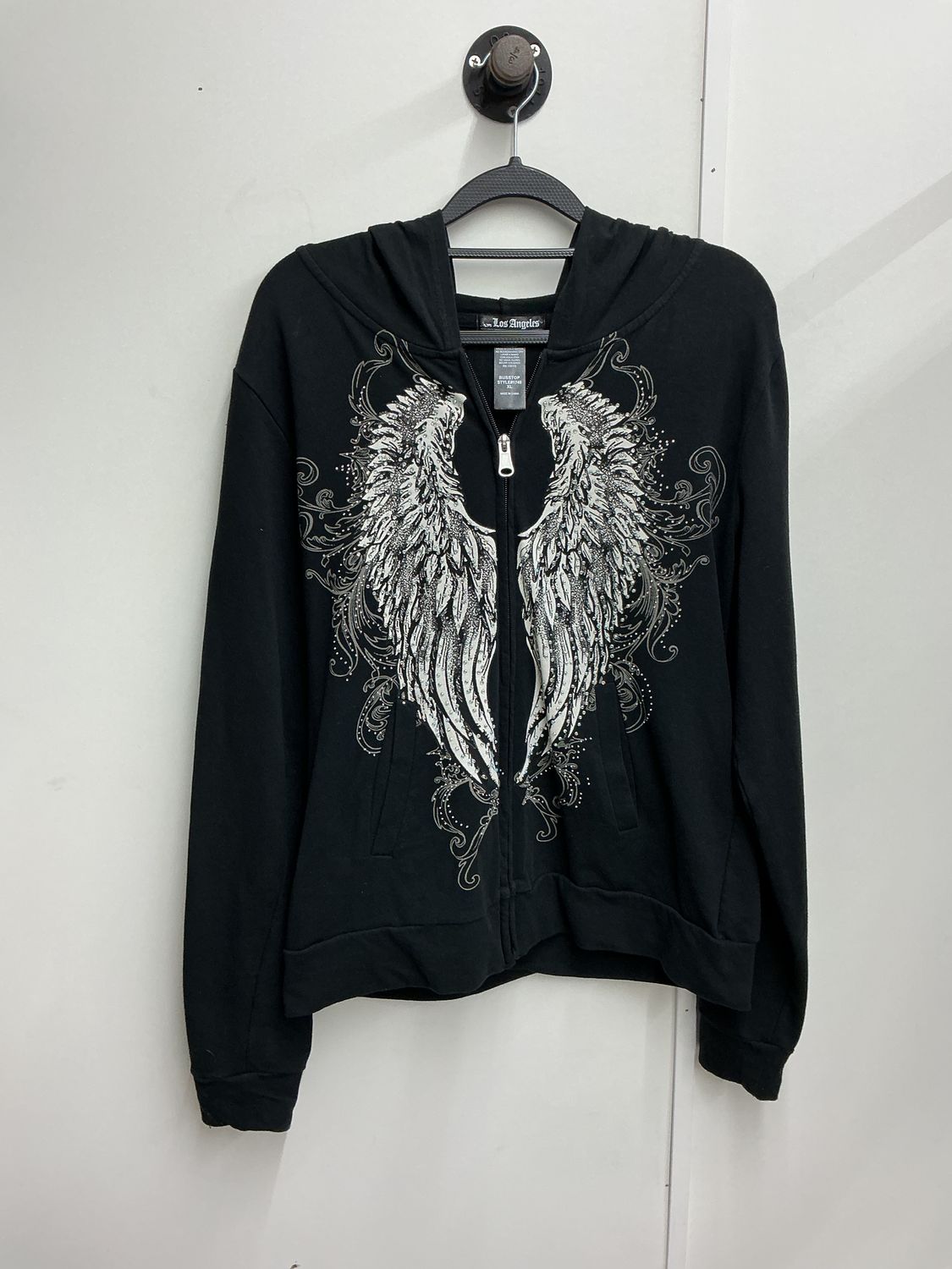 10250 OB Women's Black W/White Blingy Wings On Front &amp; Back Full Zip Hoodie XL